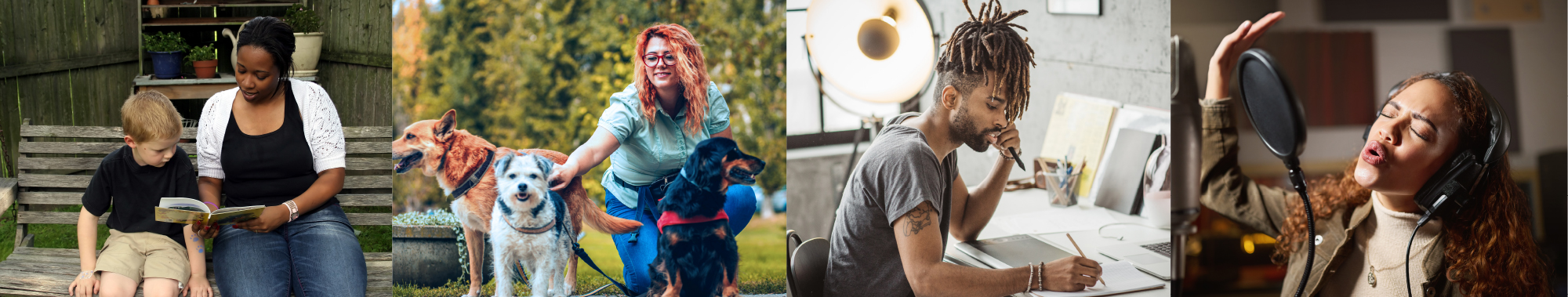 A collage of images of different people. One image has a woman reading to a child. One image has a woman walking 3 dogs. One image has a man working at a desk. One image has a woman singing into a studio microphone.